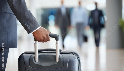 Close-up of a businessman’s hand rolling a suitcase through an airport terminal, focus on th