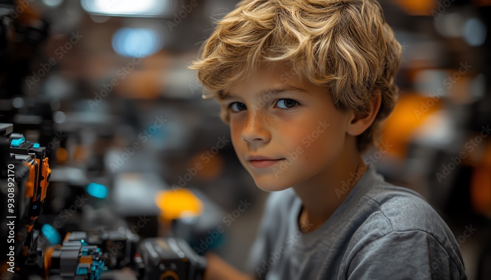 Obraz premium Young boy coding with a robot, focused expression, vibrant classroom setting