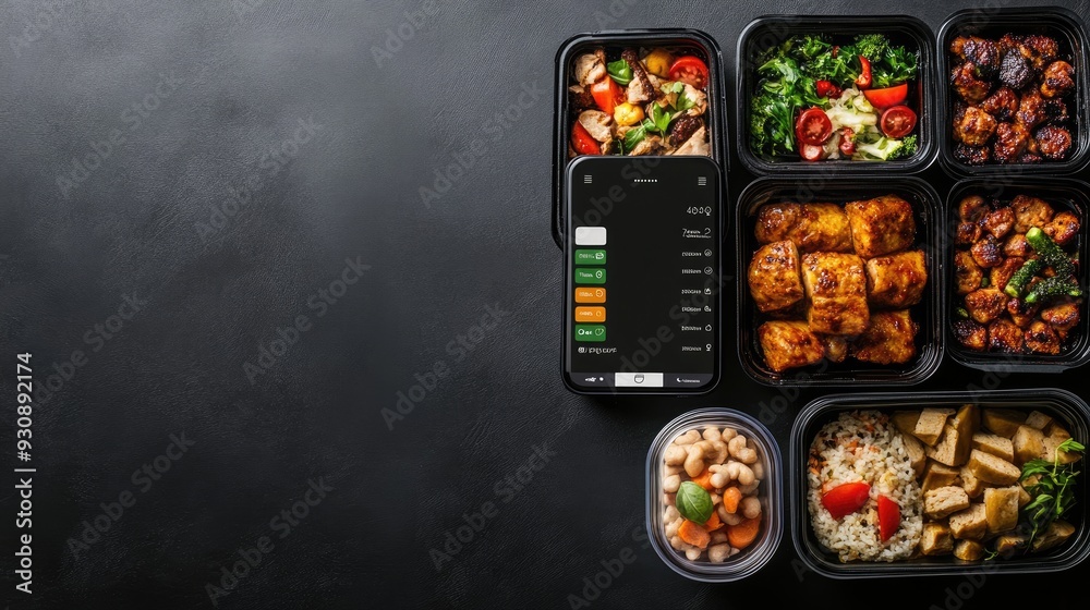 A set of food delivery containers with a tablet or phone showing a delivery app, with space for promotional text A set of food delivery containers with a tablet or phone showing a delivery app, with space for promotional text
