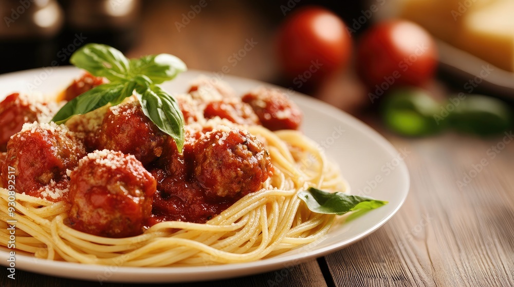A sumptuous Italian dinner plate with spaghetti and meatballs, surrounded by copy space