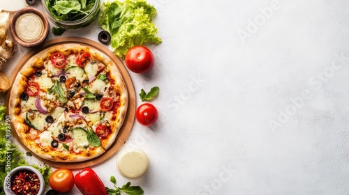 A traditional Italian meal with pizza and a salad, surrounded by copy space