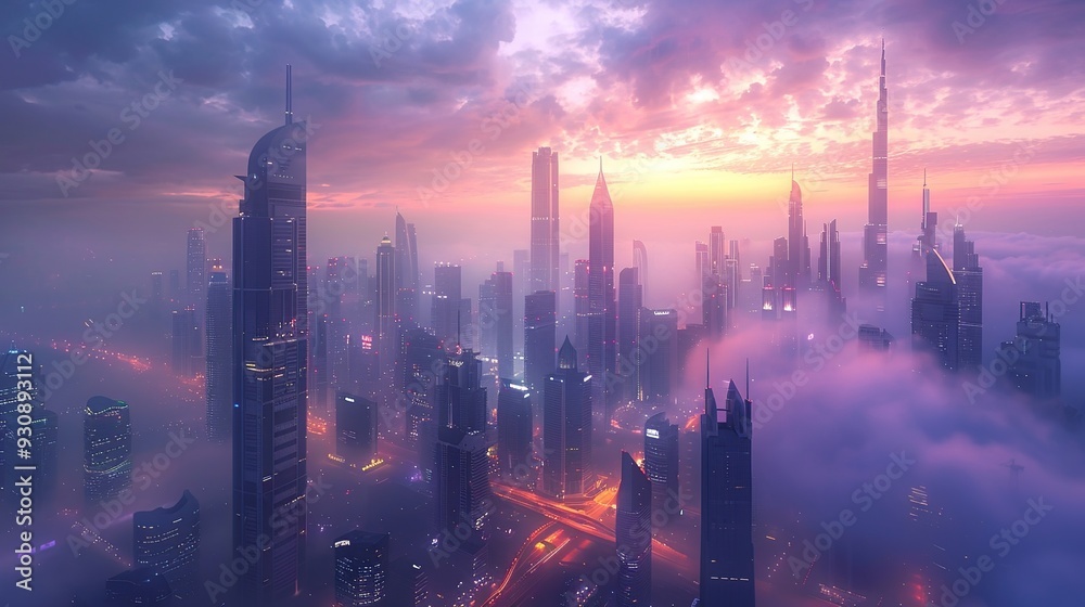 Fototapeta premium Dubai Skyline, Cityscape Above Clouds with Sunset