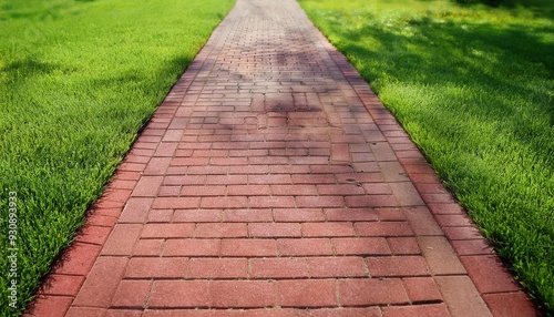 straight red brick path in a lawn