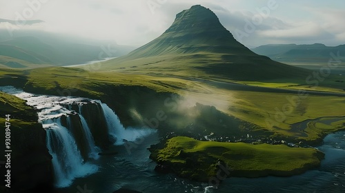 Aerial view of Mount Kirkjufell with waterfall