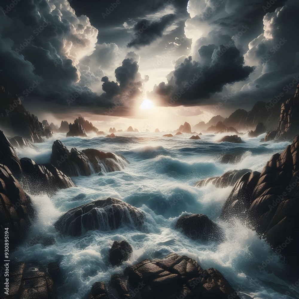 Obraz premium Dramatic Ocean Waves Crashing on Rocks