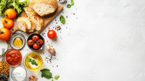 Bright and clean white surface with a few scattered food items, offering a minimalist background with copy space.