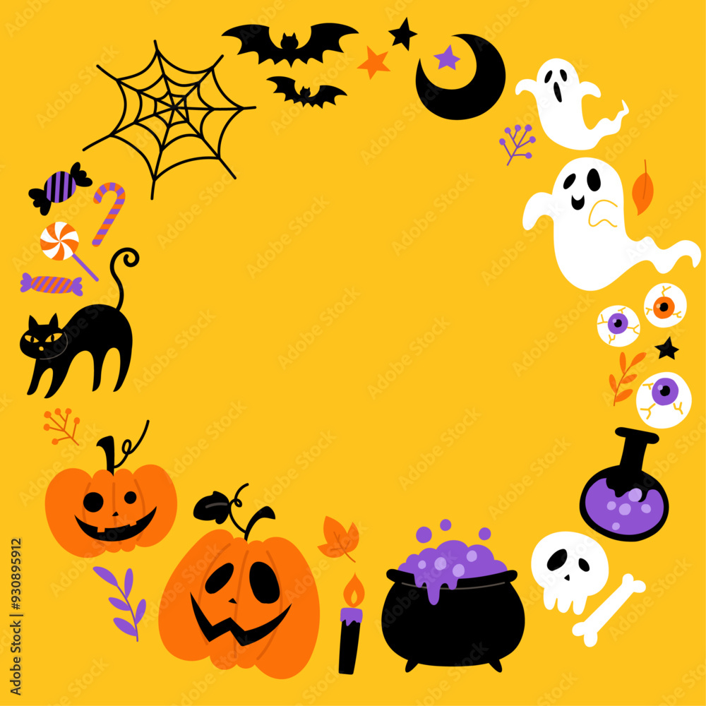 手描きのハロウィン丸フレーム黄色背景_ベクターイラスト 手描きのハロウィン丸フレーム黄色背景_ベクターイラスト