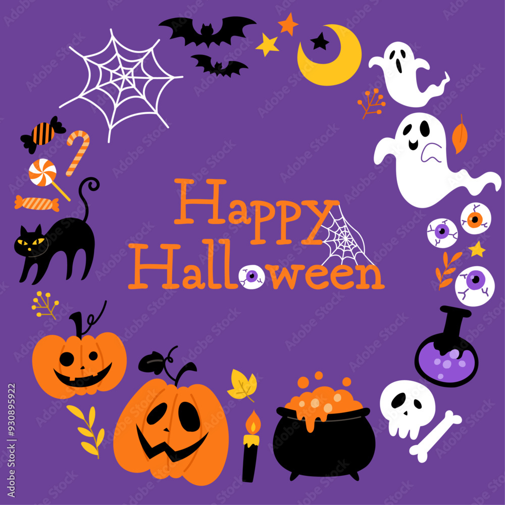 手描きのハロウィン丸フレーム紫背景_文字あり_ベクターイラスト 手描きのハロウィン丸フレーム紫背景_文字あり_ベクターイラスト