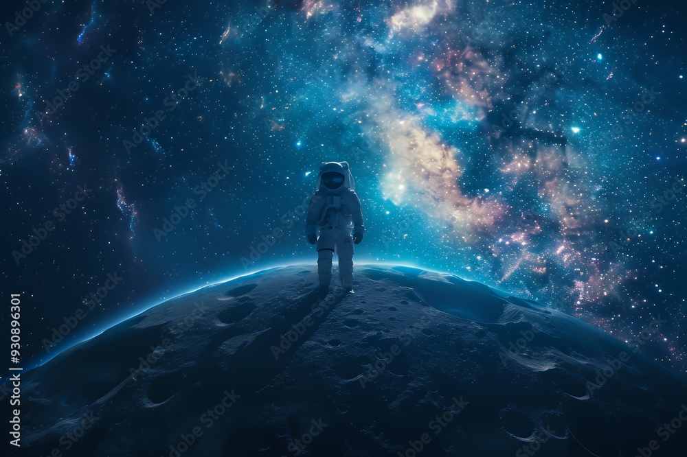 Obraz premium An astronaut stands on the surface of the moon, gazing up at the vast expanse of the Milky Way.