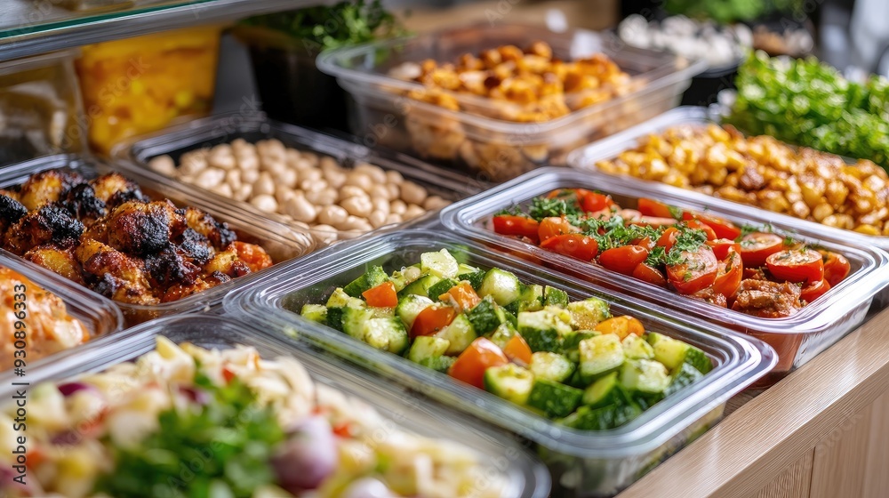 Catering food ready for delivery with a focus on containers and a clean background Catering food ready for delivery with a focus on containers and a clean background