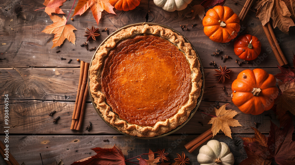Pumpkin Pie with Autumn Decorations. Classic pumpkin pie surrounded by autumn leaves, pumpkins, and cinnamon sticks on a rustic table. Pumpkin Pie with Autumn Decorations. Classic pumpkin pie surrounded by autumn leaves, pumpkins, and cinnamon sticks on a rustic table.