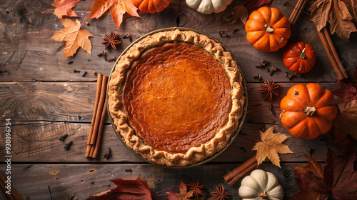 Pumpkin Pie with Autumn Decorations. Classic pumpkin pie surrounded by autumn leaves, pumpkins, and cinnamon sticks on a rustic table.