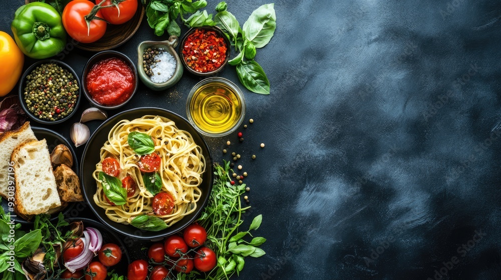 Classic Italian meals with ample copy space, featuring plates of traditional dishes with vibrant ingredients. Classic Italian meals with ample copy space, featuring plates of traditional dishes with vibrant ingredients.