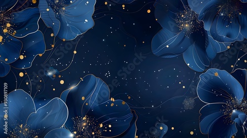 Luxury blue floral abstract background with gold hand