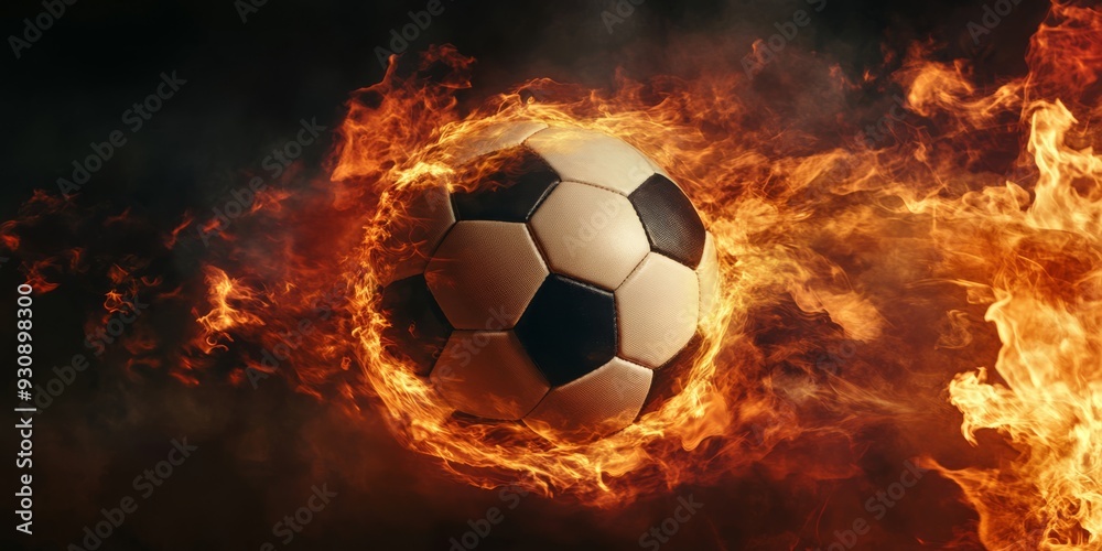 Fototapeta premium A vibrant soccer ball, beautifully engulfed in bright flames, symbolizing the passion and excitement present in sports