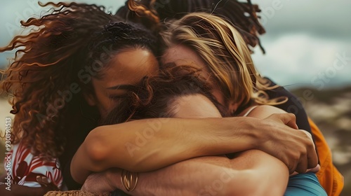Rearview of diverse people hugging each other
