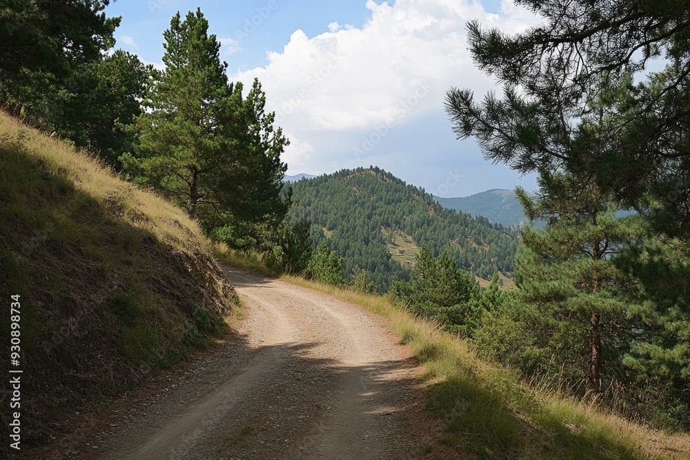 Road winding up a pine-covered hill, sense of ascent and journey