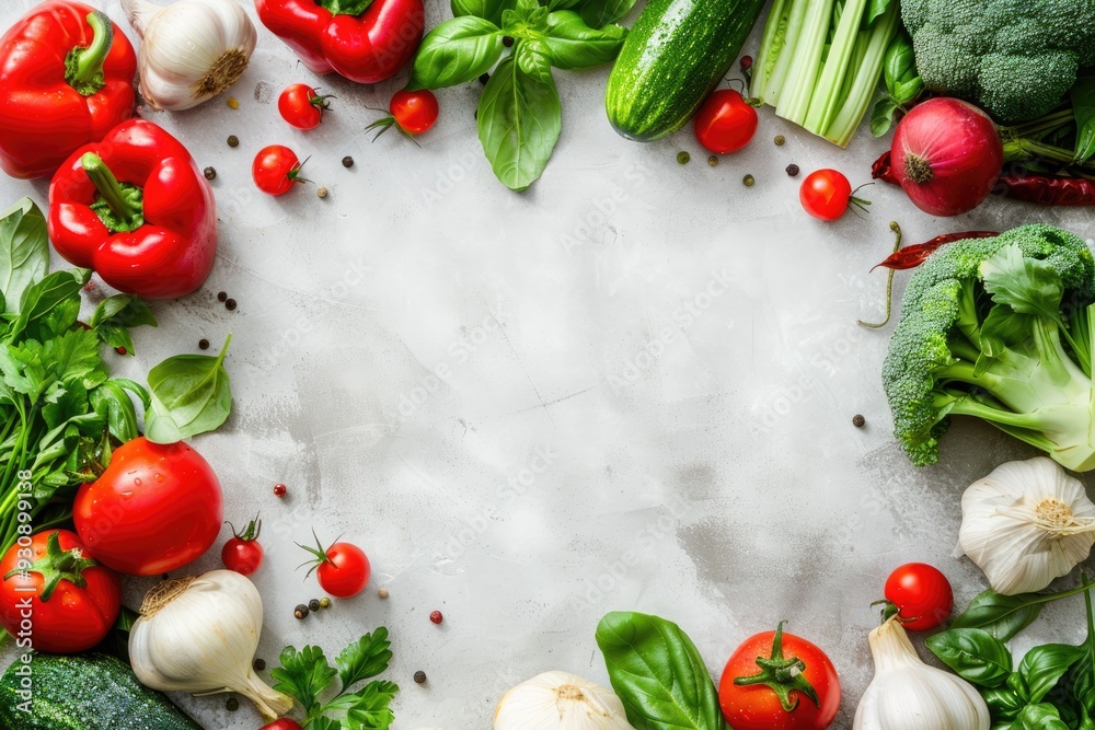 Fresh vegetables arranged in a border on a light surface, with space in the center for text Fresh vegetables arranged in a border on a light surface, with space in the center for text