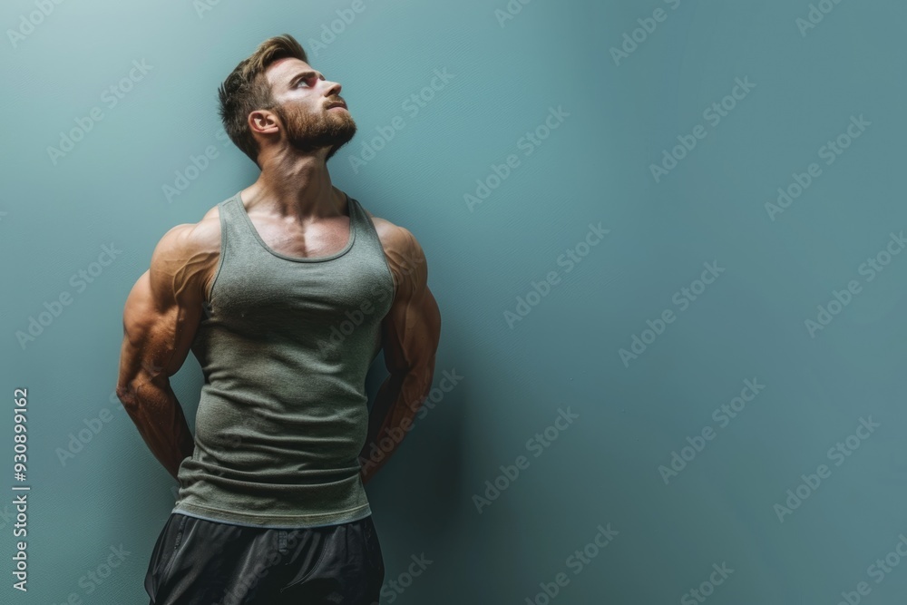 A muscular man showcasing both physical strength and mental clarity, standing against a solid color background, ideal for gym flyers that highlight total fitness A muscular man showcasing both physical strength and mental clarity, standing against a solid color background, ideal for gym flyers that highlight total fitness