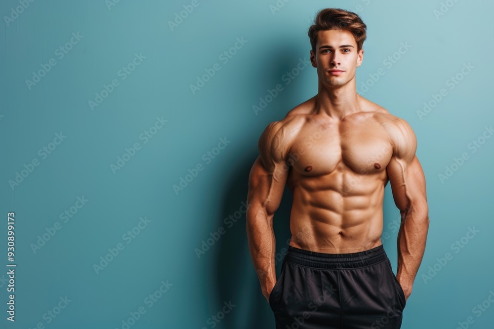 Fototapeta premium Cropped view of a smart, muscular man standing confidently, presenting with a fit body against a solid color background, blending strength with intelligence