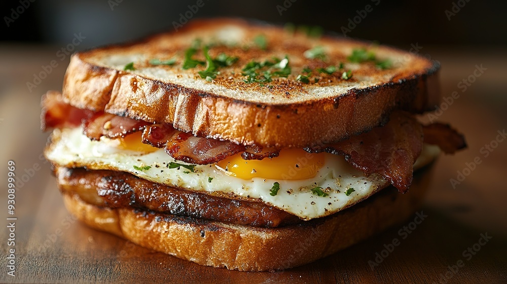 Toasted Bread Sandwich with Bacon, Egg, and Parsley Toasted Bread Sandwich with Bacon, Egg, and Parsley