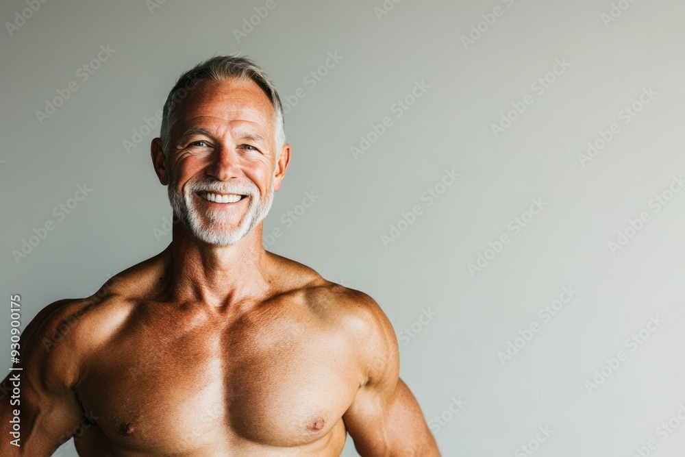 Fototapeta premium A healthy and fit senior man with a toned physique, smiling confidently against a plain backdrop, embodying strength and wellness
