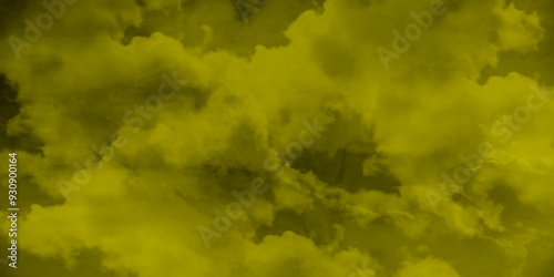 Modern dark and dramatic yellow smoke clouds in the sky grunge black background with copy space, abstract light and dark yellow clouds over the fog and smoke in the sky like a hazy morning mist.