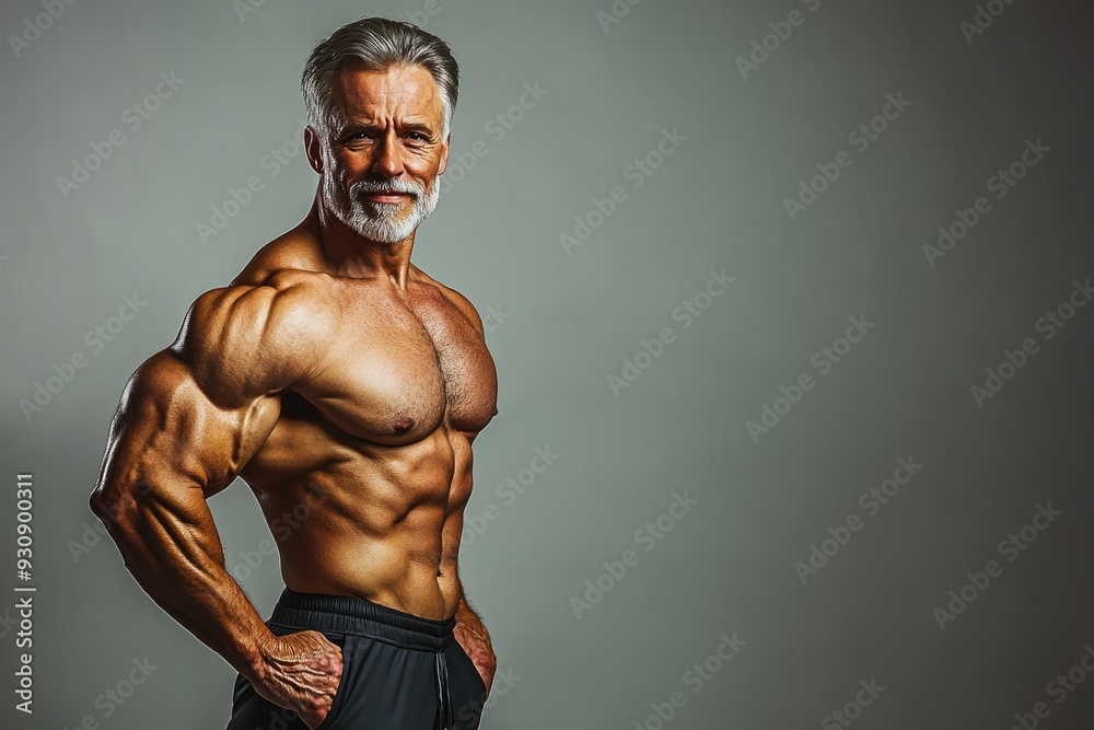 Obraz premium A muscular senior man with a powerful physique, confidently posing against a plain backdrop, highlighting his fitness journey