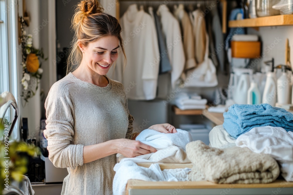 © kitipol - A beautiful woman happily folding clothes in a cozy laundry room, surrounded by soft and clean laundry items, enjoying the experience © kitipol - A beautiful woman happily folding clothes in a cozy laundry room, surrounded by soft and clean laundry items, enjoying the experience