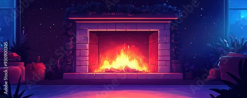 A cozy fireplace glowing with warm flames, surrounded by plants in a serene setting, perfect for a peaceful evening atmosphere.