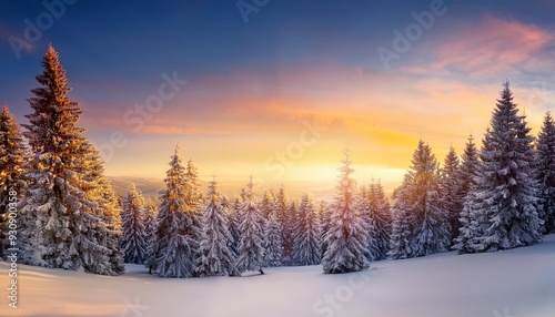 winter landscape wallpaper with pine forest covered with snow and scenic sky at sunset snowy fir tree in beauty nature scenery christmas and new year greeting card background