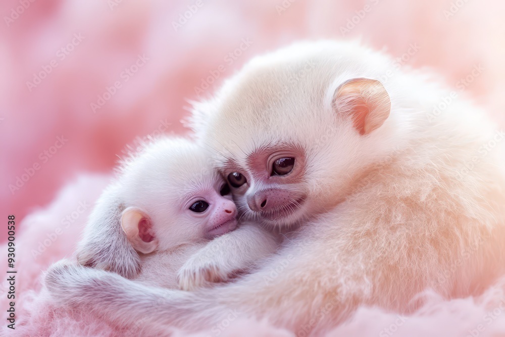 Two adorable primates cuddling on soft pink fur