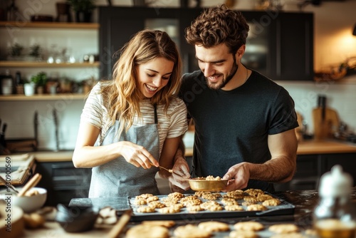 A young couple in a stylish kitchen, baking cookies together, clearly enjoying the sweet and creative process of making homemade treats
