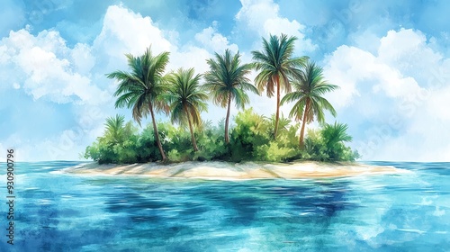 Wallpaper Mural A serene tropical island surrounded by crystal blue water and lush palm trees under a bright sky with fluffy clouds. Torontodigital.ca