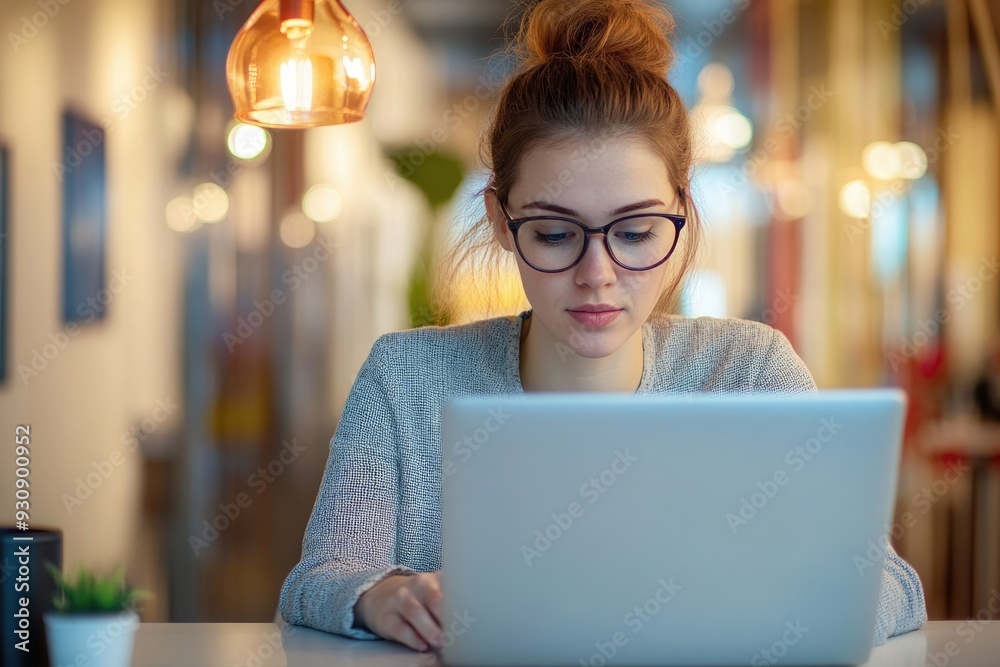 A candid shot of a young professional woman marketer working on her laptop in a brightly lit, stylish office, captured in a photorealistic, high-resolution style A candid shot of a young professional woman marketer working on her laptop in a brightly lit, stylish office, captured in a photorealistic, high-resolution style