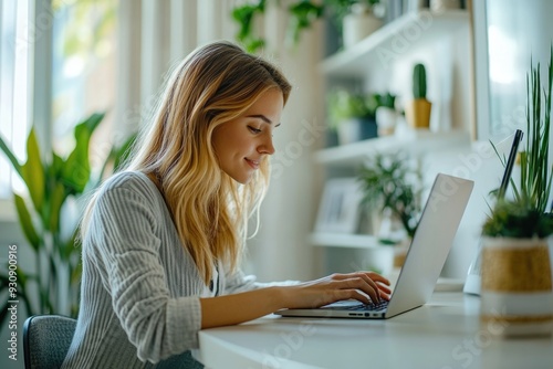 A high-resolution image of a young woman marketer, typing on her laptop in a bright, stylish office, the scene styled to reflect a high-end lifestyle