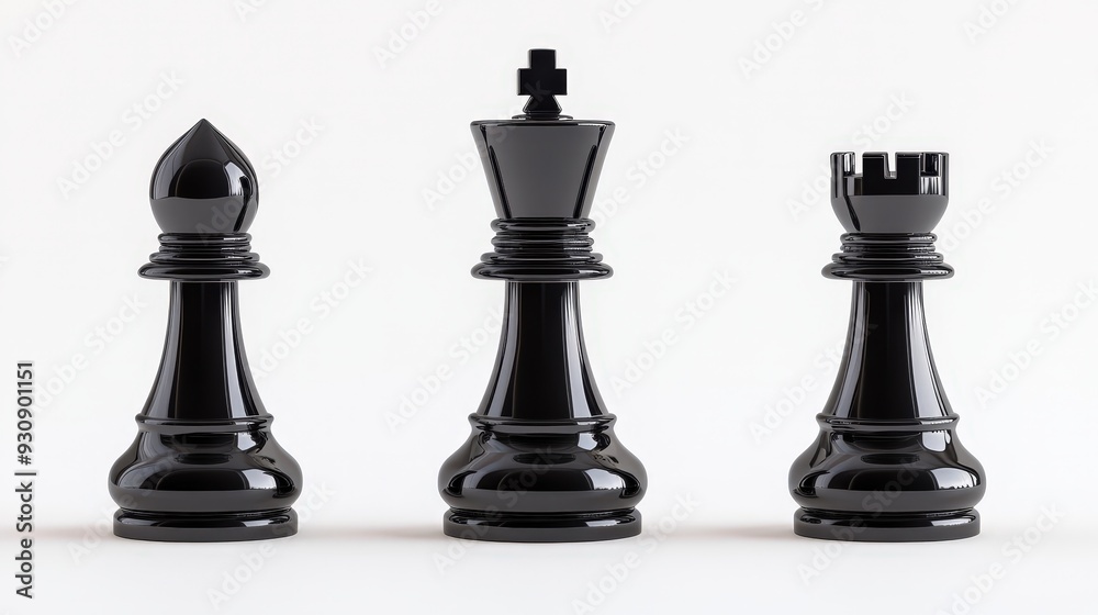 Three black chess pieces are shown on a white background Three black chess pieces are shown on a white background