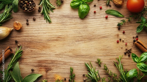 Light wood surface with fresh herbs and spices placed around the edges, offering a warm backdrop with copy space.