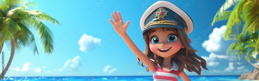 3D cartoon of a cheerful young girl in a captain s cap waving to someone on a vibrant tropical beach 3D cartoon of a cheerful young girl in a captain s cap waving to someone on a vibrant tropical beach