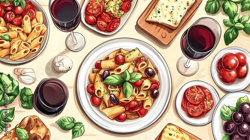 A vibrant feast featuring pasta, vegetables, and wine, showcasing Italian culinary delights on a table.