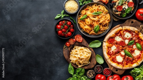 Modern Italian dishes with copy space, showcasing a variety of pasta, pizza, and antipasti.