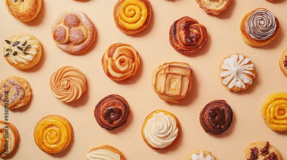 Pattern of baked goods on a light surface, offering a warm and inviting background with plenty of room for text. Pattern of baked goods on a light surface, offering a warm and inviting background with plenty of room for text.