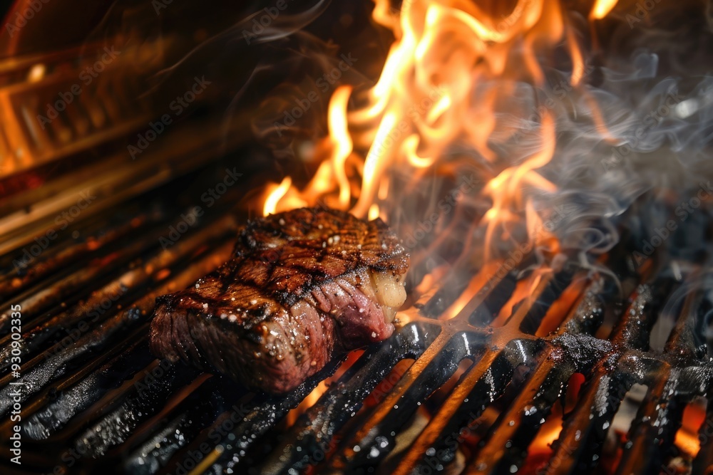 Perfectly charred steak searing on the grill, intense flames and smoke Perfectly charred steak searing on the grill, intense flames and smoke