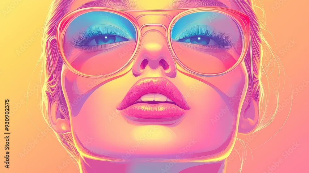 A woman with a pink lip is wearing a pair of sunglasses A woman with a pink lip is wearing a pair of sunglasses
