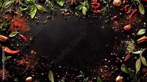 Pattern of herbs and spices on a dark background, offering a rich and vibrant backdrop with copy space.