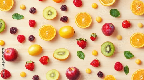 Repeating pattern of fresh fruits on a light wood background, ideal for text overlays or branding.