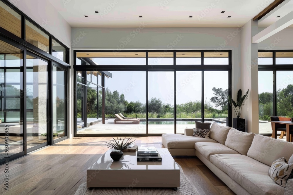 Modern living room with a sofa, coffee table, and large window Modern living room with a sofa, coffee table, and large window