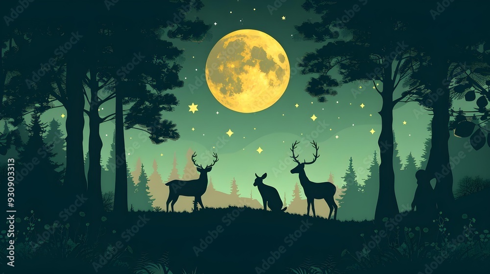 Vector flat illustration of night forest landscape