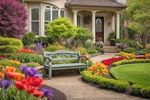 Front Garden with Lush Green Lawn and Colorful Flower Borders