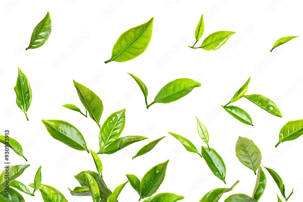 Vibrant green tea leaves scattered on a white background, showcasing freshness and organic nature, ideal for health and wellness themes.
Vibrant green tea leaves scattered on a white background, showcasing freshness and organic nature, ideal for health and wellness themes.